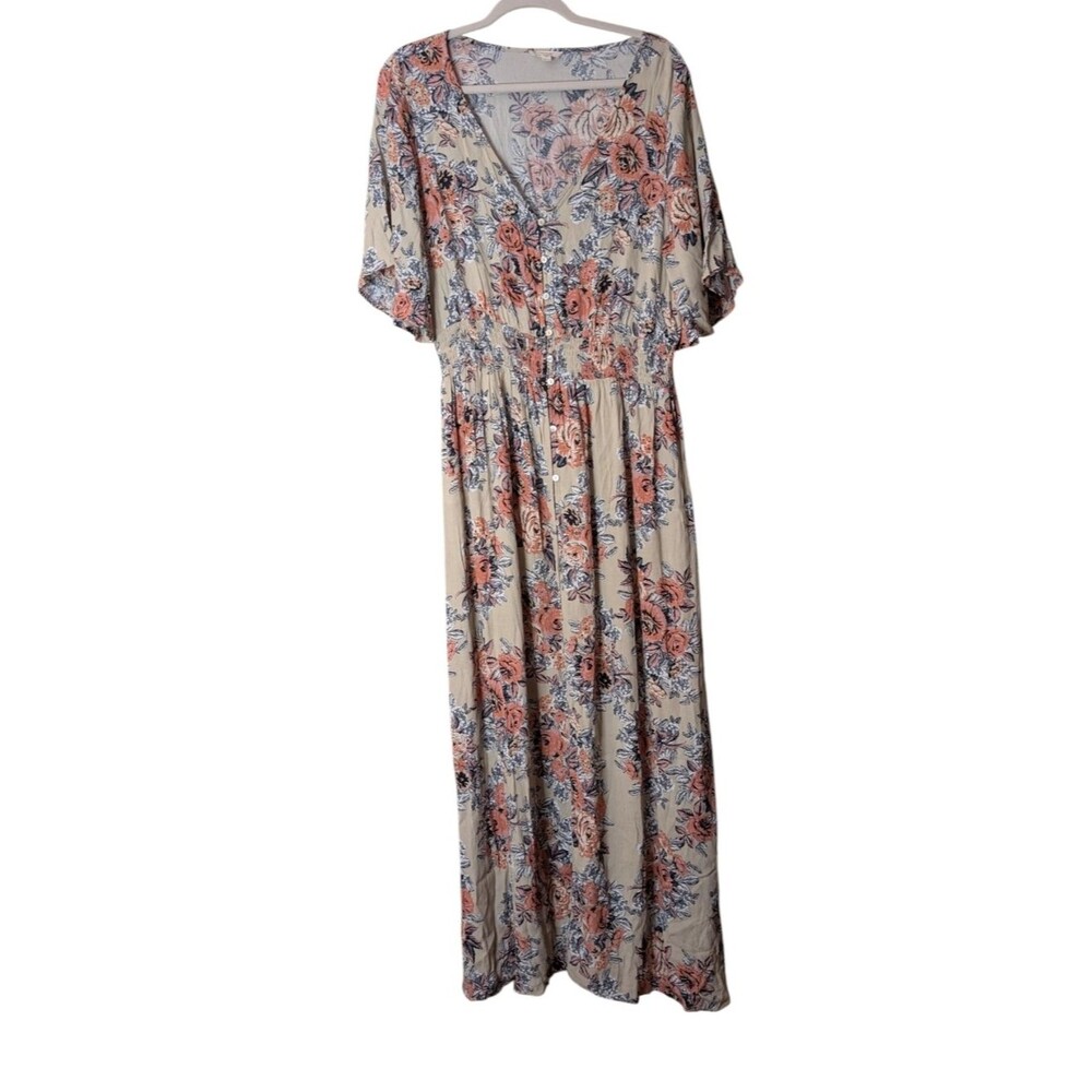 Oddi Floral Button Down Maxi Dress Short Flutter Sleeve size XL Rayon boho-chic